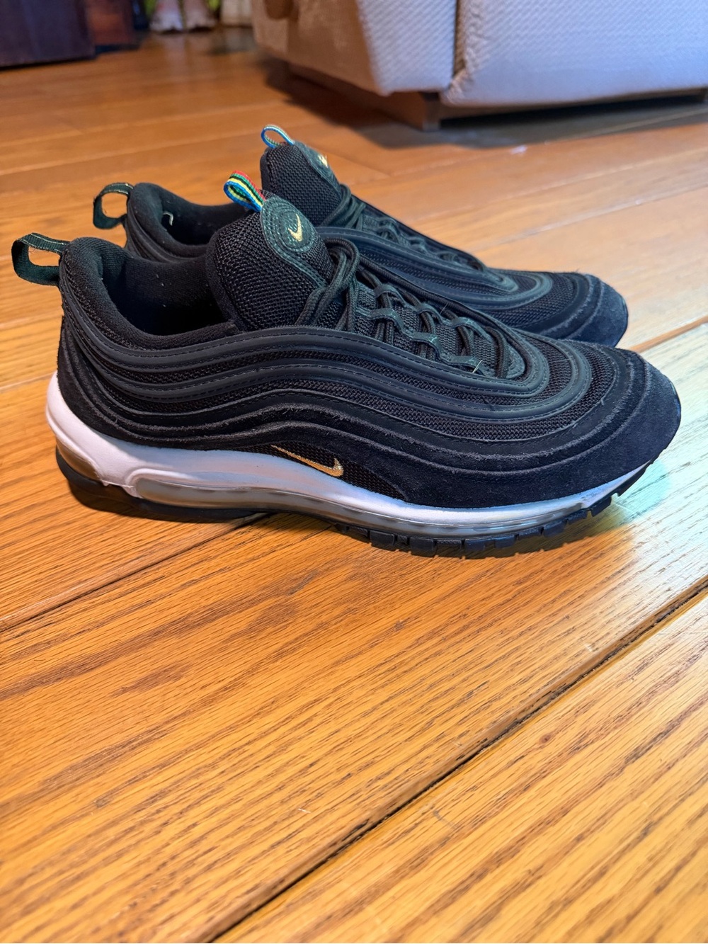Nike Men’s Air Max 97 Black with White Midsole and Gold Swoosh
